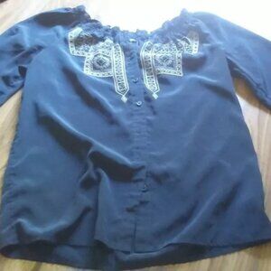 Old Navy XS black peasant boho blouse w/gold embroidery, lightweight